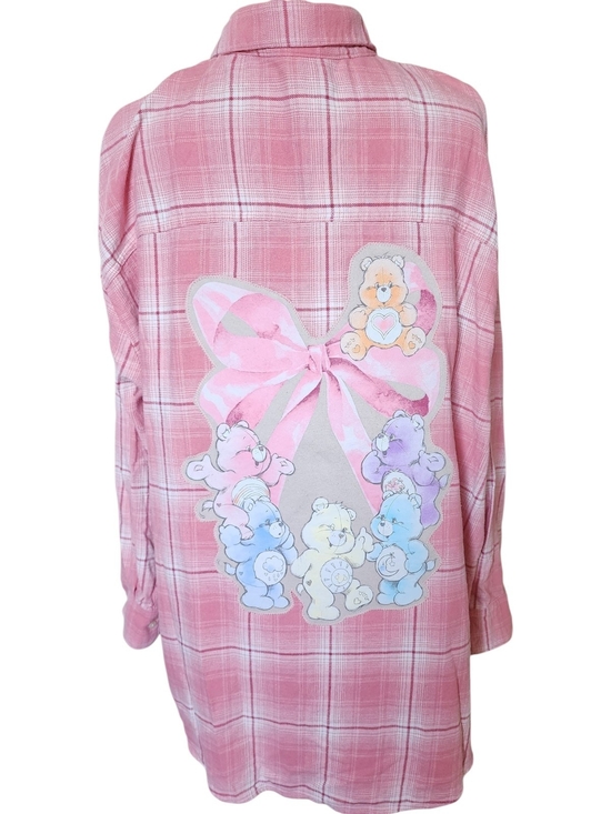 Care Bears Tops - OLD NAVY Pink Plaid Tunic Length Button Down XXL with Carebears Graphic Applied